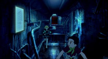 Movie still from “Metropolis” (2001), directed by Rintarô – Two people are sitting in an underground room; Wide shot, High angle
