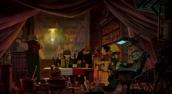 Movie still from “Metropolis” (2001), directed by Rintarô – A group of people sitting around a room; Wide shot, Low angle