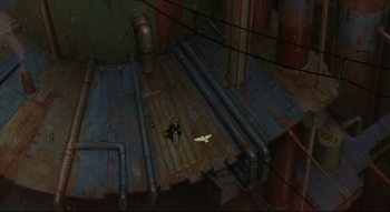 Movie still from “Metropolis” (2001), directed by Rintarô – An image of a person sitting on a floor in a room; Extreme Wide shot, High angle