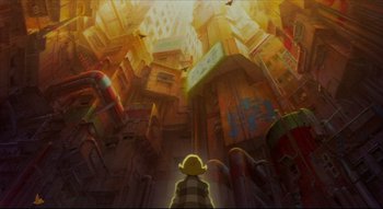 Movie still from “Metropolis” (2001), directed by Rintarô – An image of a man walking through a city; Extreme Wide shot, Low angle