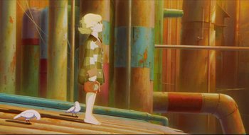 Movie still from “Metropolis” (2001), directed by Rintarô – A painting of a girl standing next to a bird; Wide shot, High angle