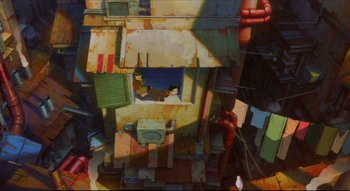 Movie still from “Metropolis” (2001), directed by Rintarô – A painting of an old building with a cat in the window; Extreme Wide shot, Overhead angle