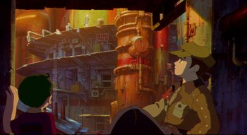 Movie still from “Metropolis” (2001), directed by Rintarô – An image of an animated scene with a man and a clock tower in the background; Wide shot, High angle