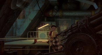 Movie still from “Metropolis” (2001), directed by Rintarô – An animated scene of a boy in a room with a bed; Wide shot, High angle