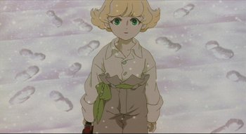 Movie still from “Metropolis” (2001), directed by Rintarô – A woman standing in front of a snow covered ground; Medium shot, Low angle