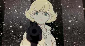 Movie still from “Metropolis” (2001), directed by Rintarô – A woman holding a camera in front of a space background; Close Up shot, Low angle