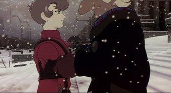 Movie still from “Metropolis” (2001), directed by Rintarô – A couple of people that are standing in the snow; Close Up shot, Low angle