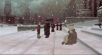 Movie still from “Metropolis” (2001), directed by Rintarô – A group of people standing on a snowy street; Wide shot, High angle
