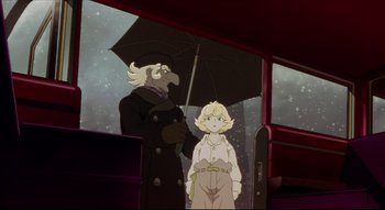 Movie still from “Metropolis” (2001), directed by Rintarô – An old man and a young boy standing under an umbrella; Medium shot, Low angle