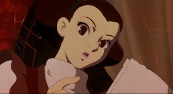 Movie still from “Metropolis” (2001), directed by Rintarô – A girl with a paper in her hand; Close Up shot, Low angle