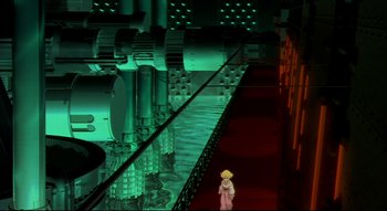 Movie still from “Metropolis” (2001), directed by Rintarô – A person standing in front of a green light; Extreme Wide shot, High angle