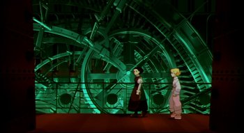 Movie still from “Metropolis” (2001), directed by Rintarô – A couple of people standing next to each other in a room; Wide shot, Low angle