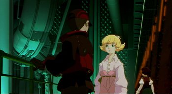 Movie still from “Metropolis” (2001), directed by Rintarô – A man and a woman standing next to each other; Medium shot, Over the shoulder angle