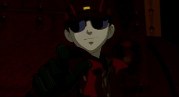 Movie still from “Metropolis” (2001), directed by Rintarô – A man wearing a red jacket and a red hat; Close Up shot, Low angle