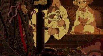 Movie still from “Metropolis” (2001), directed by Rintarô – A cartoon of a man holding a pair of shears; Medium shot, High angle