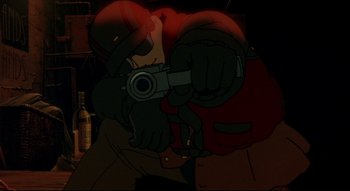 Movie still from “Metropolis” (2001), directed by Rintarô – A man holding a gun while standing next to a bottle of beer; Extreme Close Up shot, Low angle