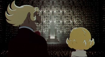 Movie still from “Metropolis” (2001), directed by Rintarô – Two people are looking at a stage with speakers on it; Close Up shot, High angle