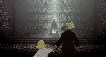 Movie still from “Metropolis” (2001), directed by Rintarô – Two people are standing in front of a wall of lights; Wide shot, Low angle