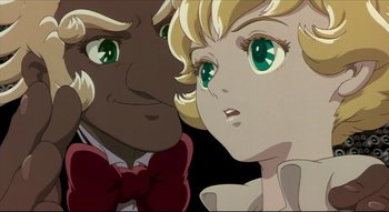 Movie still from “Metropolis” (2001), directed by Rintarô – A man and a woman's faces; Close Up shot, Low angle