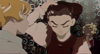Movie still from “Metropolis” (2001), directed by Rintarô – An animated picture of a person with headphones on; Close Up shot, Low angle