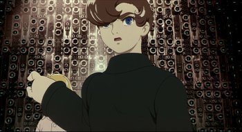 Movie still from “Metropolis” (2001), directed by Rintarô – A man with blue eyes is standing in front of a bunch of speakers; Close Up shot, High angle