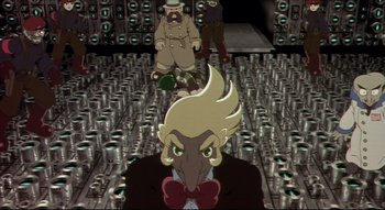 Movie still from “Metropolis” (2001), directed by Rintarô – An image of a man with a bird head in the middle of a room; Wide shot, High angle