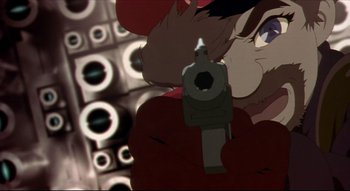 Movie still from “Metropolis” (2001), directed by Rintarô – A gun in the shape of an animal; Extreme Close Up shot, Low angle