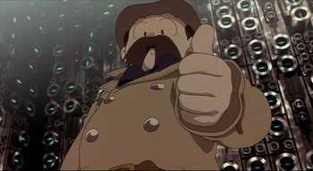 Movie still from “Metropolis” (2001), directed by Rintarô – An animated man with a mustache giving a thumbs up; Extreme Close Up shot, Low angle