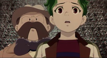 Movie still from “Metropolis” (2001), directed by Rintarô – A man and a boy are looking at each other; Close Up shot, Low angle