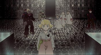 Movie still from “Metropolis” (2001), directed by Rintarô – A group of people standing in a room with a lot of speakers; Wide shot, High angle
