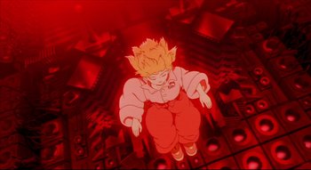 Movie still from “Metropolis” (2001), directed by Rintarô – A cartoon of a boy with blond hair and a red shirt; Wide shot, Overhead angle