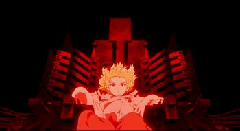 Movie still from “Metropolis” (2001), directed by Rintarô – A person sitting in a chair in front of a building; Wide shot, Overhead angle