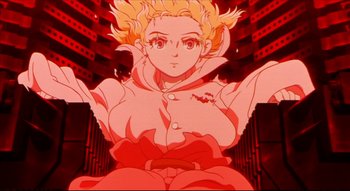 Movie still from “Metropolis” (2001), directed by Rintarô – An animated picture of a woman in a red outfit; Wide shot, Overhead angle