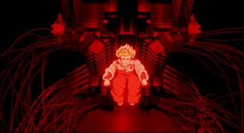 Movie still from “Metropolis” (2001), directed by Rintarô – A cartoon image of a person jumping in the air; Wide shot, Overhead angle