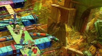 Movie still from “Metropolis” (2001), directed by Rintarô – A painting of a city with a bunch of buildings; Extreme Wide shot, High angle