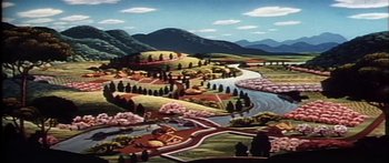 Movie still from “Mickey and the Beanstalk” (1947), directed by Hamilton Luske – An oil painting of a valley with a river running through it; Extreme Wide shot, High angle
