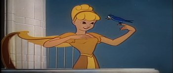 Movie still from “Mickey and the Beanstalk” (1947), directed by Hamilton Luske – A cartoon of a woman holding a blue bird; Medium shot, Low angle