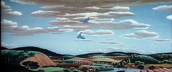 Movie still from “Mickey and the Beanstalk” (1947), directed by Hamilton Luske – A painting of two birds flying in the sky; Extreme Wide shot, Low angle