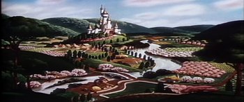 Movie still from “Mickey and the Beanstalk” (1947), directed by Hamilton Luske – An oil painting of a castle on a hill; Extreme Wide shot, High angle