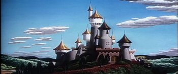 Movie still from “Mickey and the Beanstalk” (1947), directed by Hamilton Luske – A painting of a castle in the middle of the day; Extreme Wide shot, Low angle