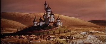 Movie still from “Mickey and the Beanstalk” (1947), directed by Hamilton Luske – An animated picture of a castle on top of a hill; Extreme Wide shot, Low angle