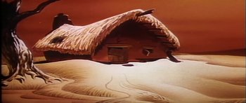 Movie still from “Mickey and the Beanstalk” (1947), directed by Hamilton Luske – An animated scene of a house on a beach; Extreme Wide shot, Low angle