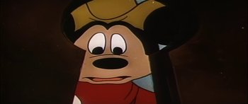 Movie still from “Mickey and the Beanstalk” (1947), directed by Hamilton Luske – A cartoon of mickey mouse wearing a cowboy hat; Close Up shot, Low angle