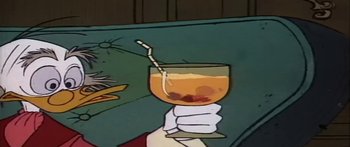 Movie still from “Mickey and the Beanstalk” (1947), directed by Hamilton Luske – An animated hand holding a glass with a drink in it; Extreme Close Up shot, High angle