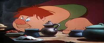Movie still from “Mickey and the Beanstalk” (1947), directed by Hamilton Luske – A tea pot on a table with two cups; Medium shot, High angle