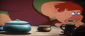 Movie still from “Mickey and the Beanstalk” (1947), directed by Hamilton Luske – A pot and a bowl on a table; Extreme Close Up shot, High angle