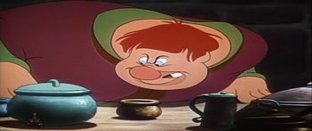 Movie still from “Mickey and the Beanstalk” (1947), directed by Hamilton Luske – The face of a cartoon character; Close Up shot, High angle