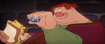 Movie still from “Mickey and the Beanstalk” (1947), directed by Hamilton Luske – A cartoon character holding a cell phone; Close Up shot, High angle