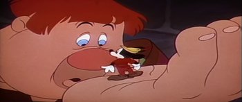 Movie still from “Mickey and the Beanstalk” (1947), directed by Hamilton Luske – A goofy cartoon character is looking at another cartoon character; Medium shot, High angle