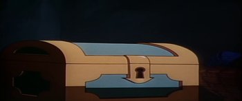 Movie still from “Mickey and the Beanstalk” (1947), directed by Hamilton Luske – A lock on a wooden box; Extreme Close Up shot, High angle